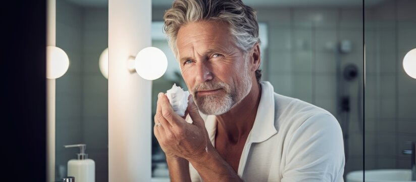 Mature man applying under-eye cream in bathroom.