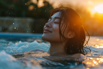 A serene Asian woman enjoying a spa hot tub during twilight with last sun rays on her face and natural backdrop - obrazy, fototapety, plakaty