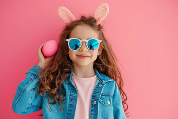 A stylish young girl poses with bunny ears and sunglasses for Easter holiday, holding a easter egg and vibrant colors