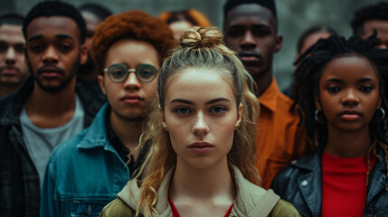Fototapeta premium Diverse group of townspeople banding together for survival, determination in their eyes, thriller style