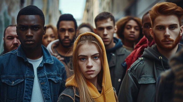 Diverse group of townspeople banding together for survival, determination in their eyes, thriller style
