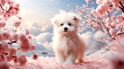 Cute little Maltese puppy sitting on pink Sakura background. - obrazy, fototapety, plakaty