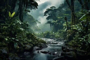 Fototapeta premium A river flowing in a lush green jungle