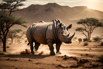 Fototapeta premium A close up of a beautiful adult rhinoceros with an isolated background
