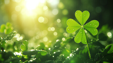 Sunlit spring clover leaf in meadow, Clover leaf in lens flare for st patricks day background, Ai generated image