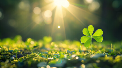 Green grass and sun rays, St patrick day background, Clover leaf in lens flare for Valentine...