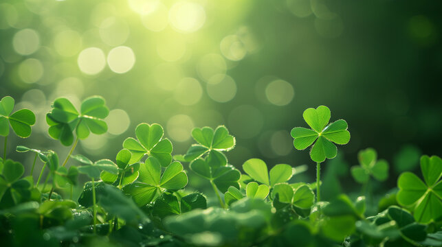 Clover with blurred background with space for text, concept St.Patrick 's Day, Clover leaves on the green light background, Ai generated image 
