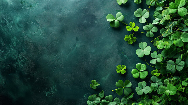 Water drops on leaves, Saint Patrick day flat lay concept with shamrock clover on green background, Concept of St. Patrick's Day, space for text, Ai generated image