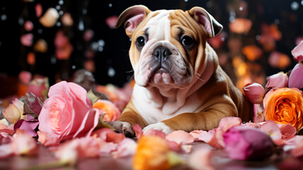 English bulldog puppy lying on pink rose petals on dark background.