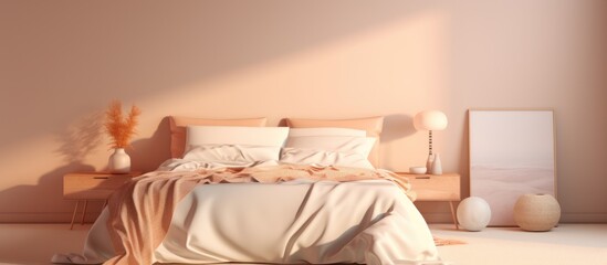 Bedroom with double bed, beige blanket, and gradient wall.