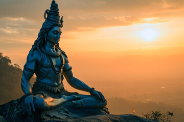 Statue of head of indian hindu Lord Shiva hand holding Trident sitting on mountaint in sunset sunrise time. God Shiva epic pose with trishula, magic in hand for print, poster. Hindu religious art