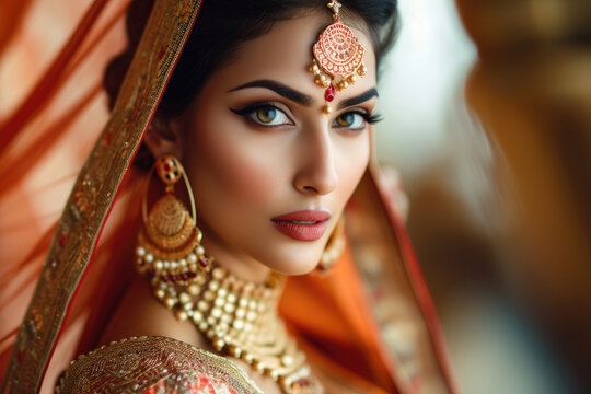 beautiful indian woman in saree and wearing jewelry