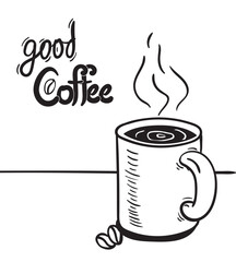 Coffee mug doodle illustration, large hot coffee on a table, good coffee 