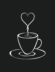 cup of coffee with heart, doodle illustration of a coffee cup and the smoke is heart shaped, coffee is love concept