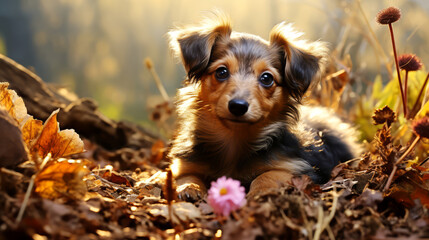 Portrait of a cute purebred puppy of the Dachshund in the autumn park. - obrazy, fototapety, plakaty