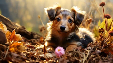 Tuinposter Portrait of a cute purebred puppy of the Dachshund in the autumn park. © Narin