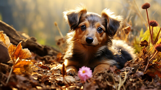 Portrait of a cute purebred puppy of the Dachshund in the autumn park.