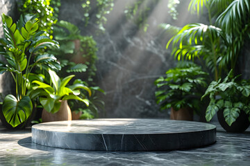 Marble Podium Circular tropical natural leafs plants, cosmetic product placement pedestal present promotional stand showcase scene for product presentation
