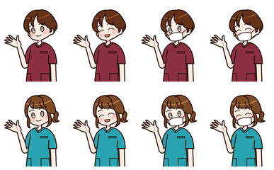 案内をするスクラブを着た女性のセット	