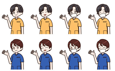 案内をするスクラブを着た男性のセット