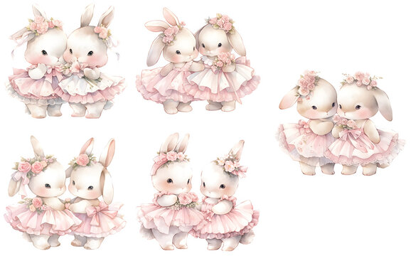 Watercolor baby bunny with tutu skirt clipart for graphic resources