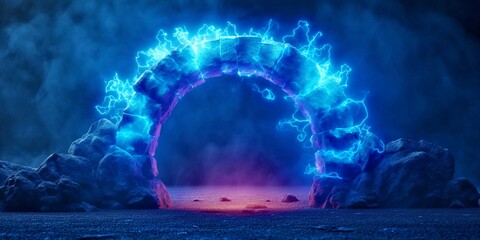 Magic Gate. Blue light, Fire. Portal in a stone arch. Fantasy gate. Ancient ruins. Passage to another world. Stone Magic door. Alien world. Magical power. Game design. 3D illustation isolated on black - obrazy, fototapety, plakaty