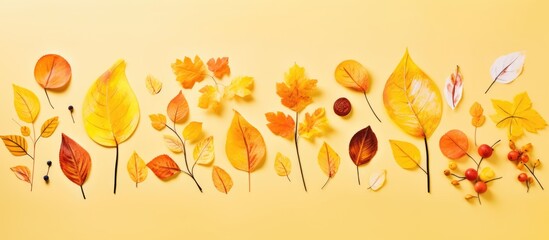 Fototapeta premium Children create DIY autumn leaf art with hand-painted leaves, brushes, and paints on a yellow background.
