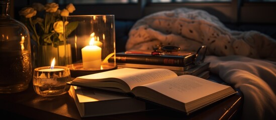 Intimate reading setup at home with books, glasses, e-reader, and candle.