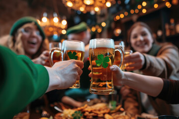 Friends celebrating St. Patrick Day with food and beer mug at an Irish pub