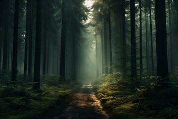 Naklejka premium A road in a forest filled with trees