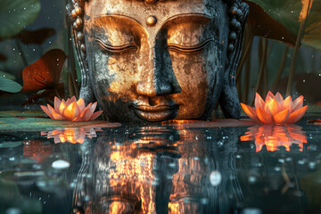 Buddha face and glowing crystal lotus