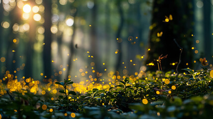 Beautiful Forest with Fireflies at Night - obrazy, fototapety, plakaty