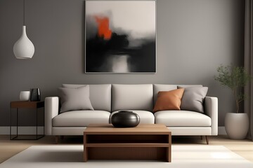 Living room interior design, modern home with framed art, gray theme
