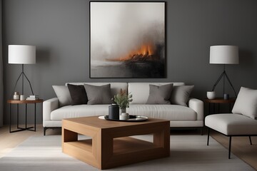 Living room interior design, modern home with framed art, dark theme
