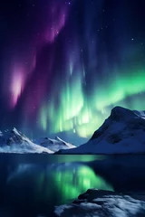 Poster Scenic of Northern lights aurora borealis green and purple with snow mountains Reflection in the lake water at night, In Scandinavia Country Winter Season, North pole, Northern Europe, Landscape © polarbearstudio