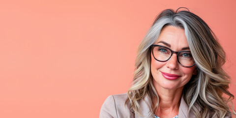 Close up of a confident middle aged woman with a peach copyspace background