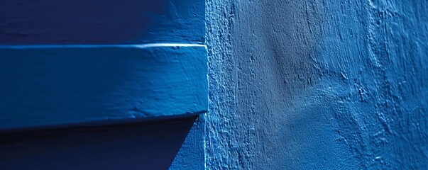 Fototapeta premium A Detail from a blue wall, close up of a corner of a house. Mediterranean, Morocco, Caribs holidays, vacations, travelling concept. Space for text. AI generated image. 