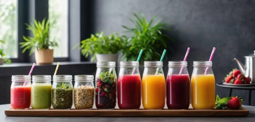  a row of mason jars filled with different types of smoothies and smoothies on a table next to a potted plant.