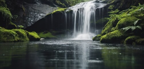  a waterfall in the middle of a forest with moss growing on the rocks and water running down the side of it.