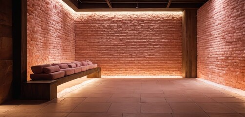  a dimly lit room with a brick wall and a long bench in the center of the room is lit by a spot light.