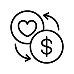 Black single trade love thin line icon, simple donation or heart exchange flat design pictogram, infographic vector for app logo web button ui ux interface elements isolated on white background