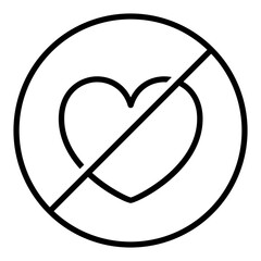 Black single round no heart thin line icon, simple dis love flat design pictogram, infographic vector for app logo web button ui ux interface elements isolated on white background