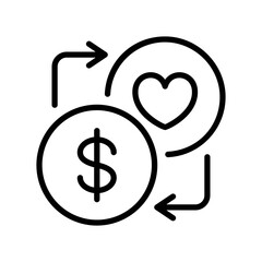 Black single trade love thin line icon, simple donation or heart exchange flat design pictogram, infographic vector for app logo web button ui ux interface elements isolated on white background