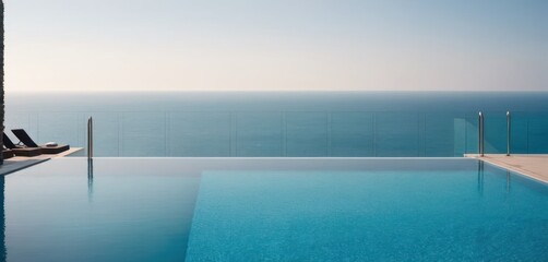  a large swimming pool with a view of the water and the ocean in the backgrounge of the pool.