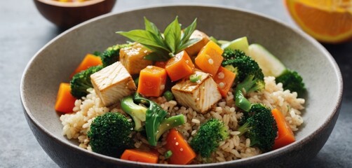  a bowl filled with rice, broccoli, carrots, and tofu on top of a table.
