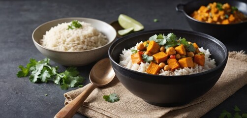  a bowl filled with rice and vegetables next to a bowl of rice and a wooden spoon on a piece of cloth.