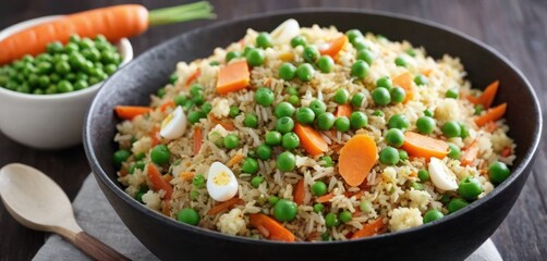  a bowl of rice, peas, carrots, and peas next to a bowl of peas and carrots.