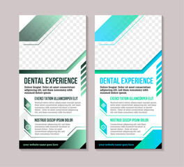 Dental care, dentist and tooth vertical banner with medical instruments and diagonal for photo in blue and green color element on white background. Dental treatment and hygiene concept - obrazy, fototapety, plakaty