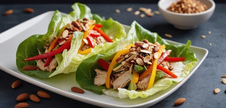  two lettuce wraps with chicken, peppers, and almonds on a white plate next to a bowl of nuts.