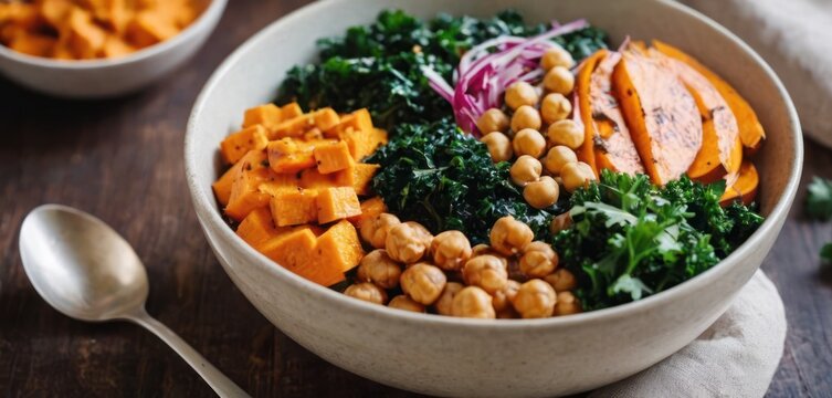  A Bowl Of Chickpeas, Kale, And Sweet Potato Salad With A Spoon On A Wooden Table.